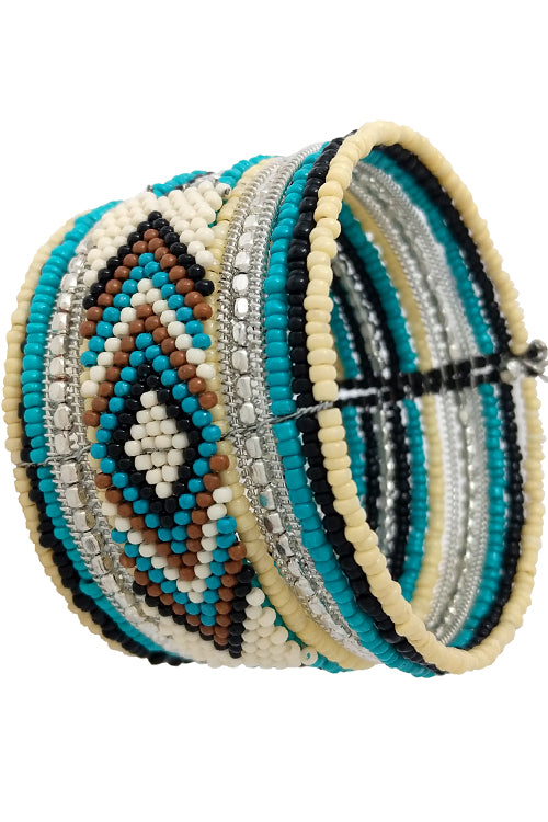 WESTERN STYLE AZTEC PATTERN SEED BEADS WIDE WIRE FLEXIBLE CUFF BRACELET