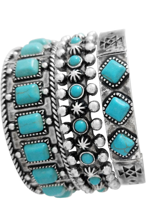 WESTERN CONCHO STYLE AZTEC TEXTURED GEMSTONE BAR CASTING STACKABLE STRETCH BRACELET