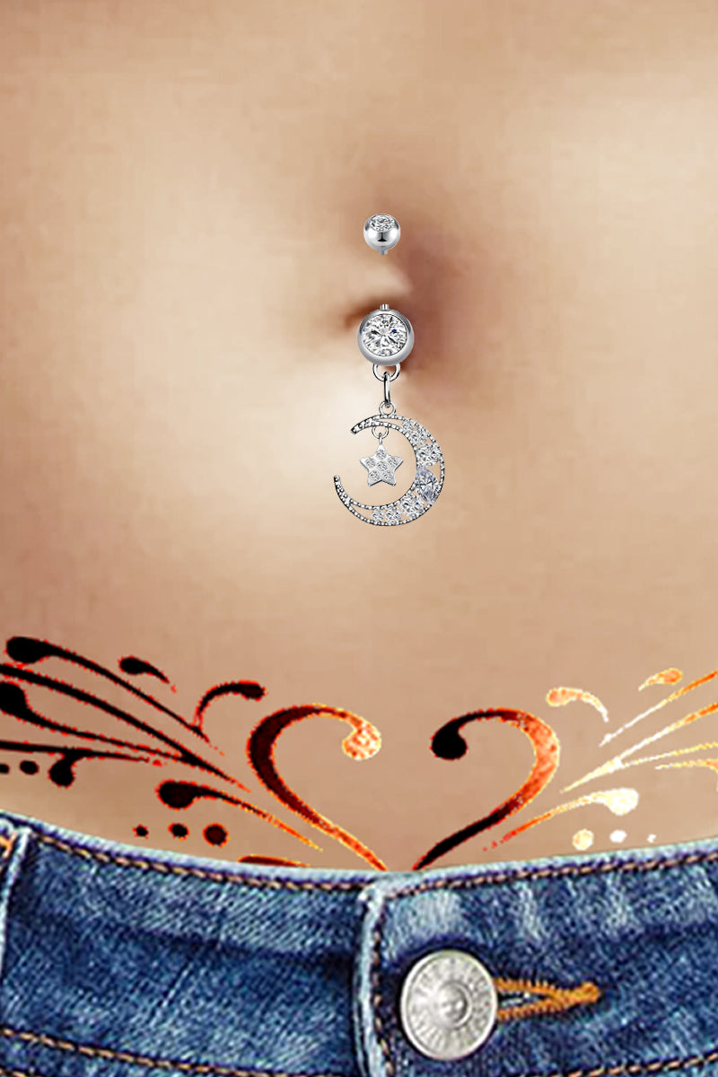 CZ MOON STAR SURGICAL STEEL BELLY BUTTON RING