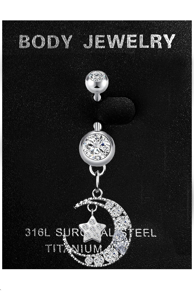 CZ MOON STAR SURGICAL STEEL BELLY BUTTON RING