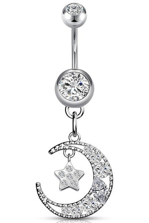 CZ MOON STAR SURGICAL STEEL BELLY BUTTON RING