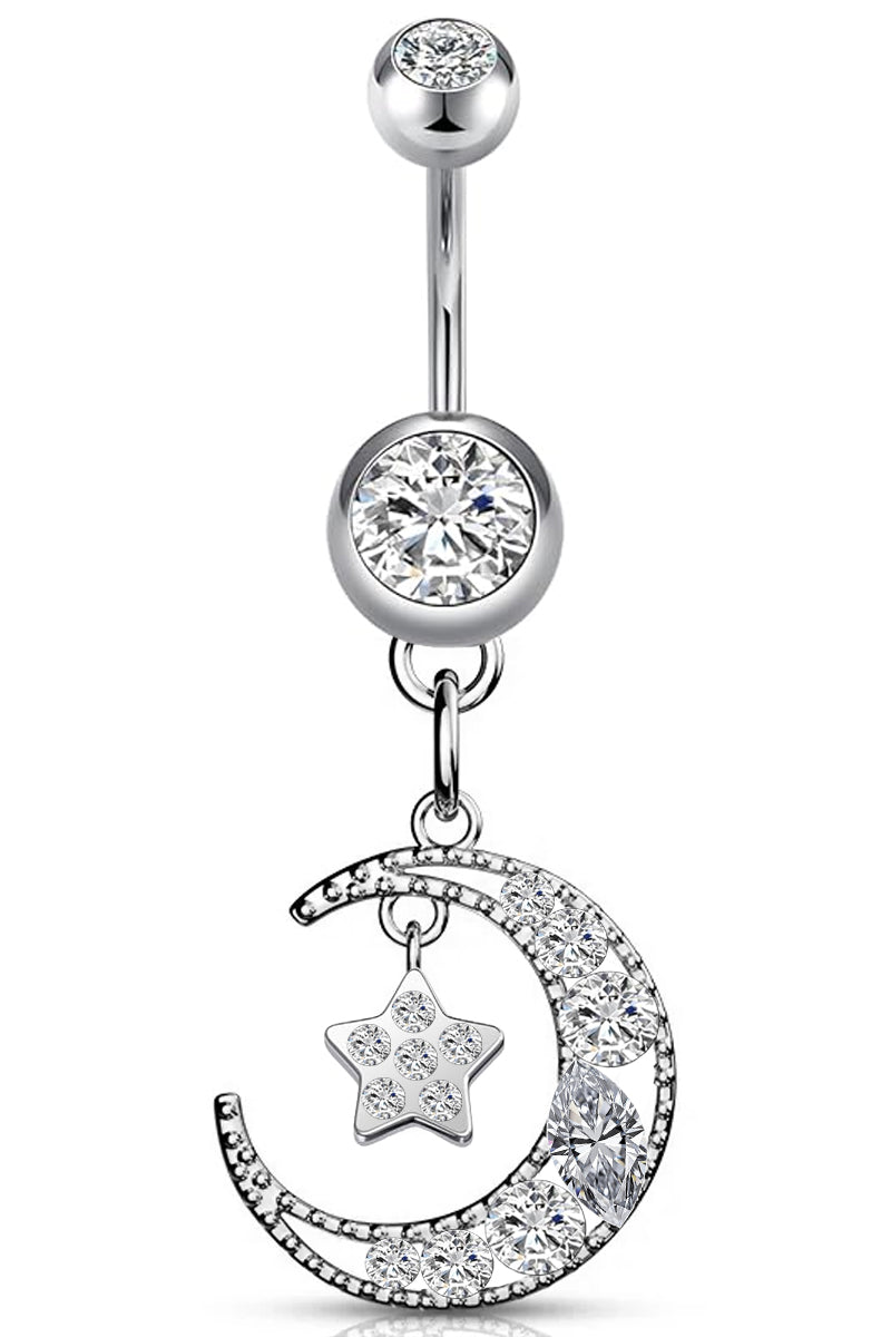 CZ MOON STAR SURGICAL STEEL BELLY BUTTON RING