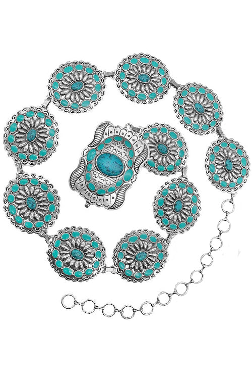 WESTERN STYLE AZTEC TEXTURED GEMSTONE EPOXY CONCHO FLOWER CASTING FASHION CHAIN BELT<br>