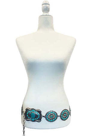 WESTERN STYLE AZTEC TEXTURED GEMSTONE EPOXY CONCHO FLOWER CASTING FASHION CHAIN BELT<br>