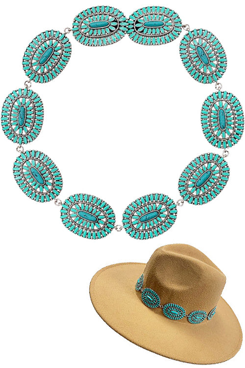 WESTERN CONCHO STYLE CABLE TEXTURED FLOWER CASTING WITH GEMSTONE EPOXY STRETCH HAT BAND