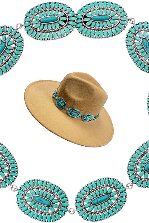 WESTERN CONCHO STYLE CABLE TEXTURED FLOWER CASTING WITH GEMSTONE EPOXY STRETCH HAT BAND
