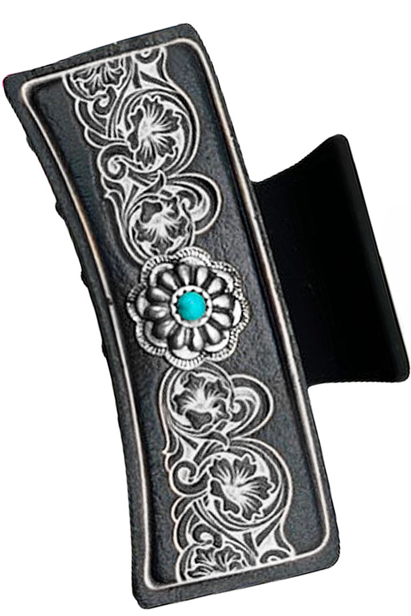 WESTERN STYLE GEMSTONE CONCHO FLOWER PAISLEY PATTERN LEATHER HAIR CLAW CLIP