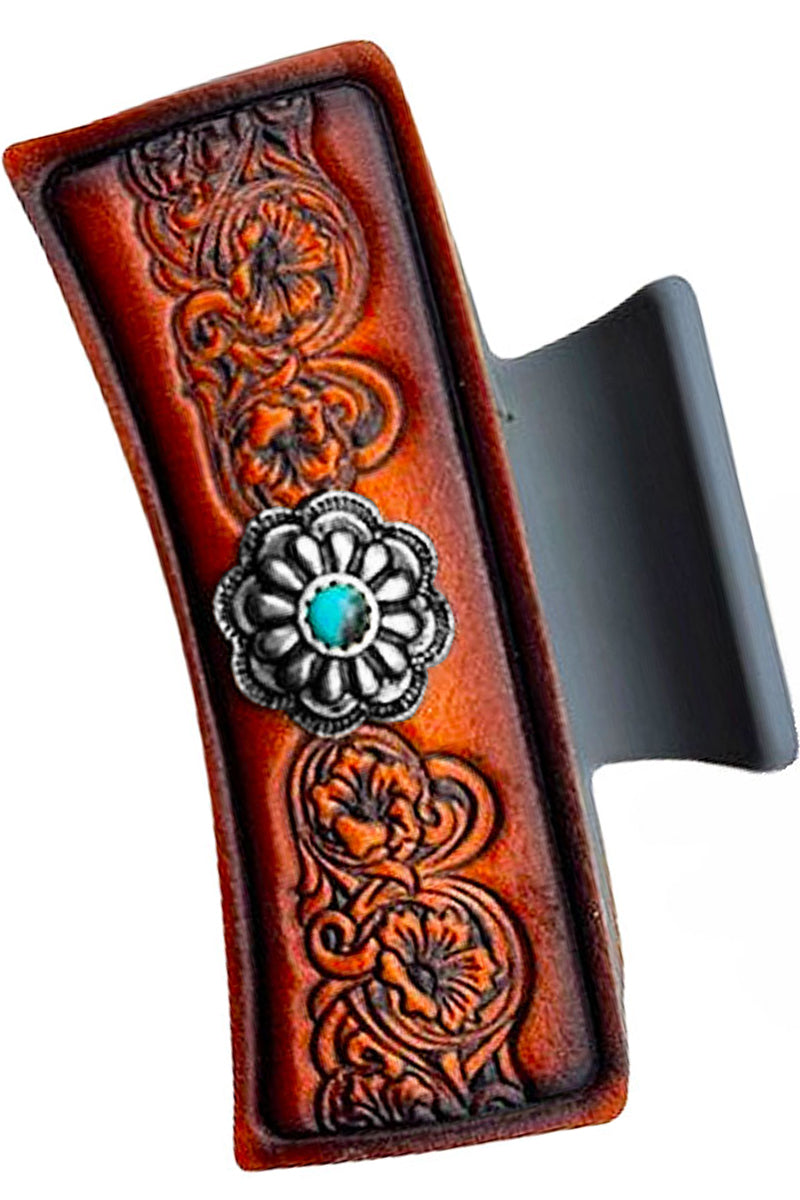 WESTERN STYLE GEMSTONE CONCHO FLOWER PAISLEY PATTERN LEATHER HAIR CLAW CLIP