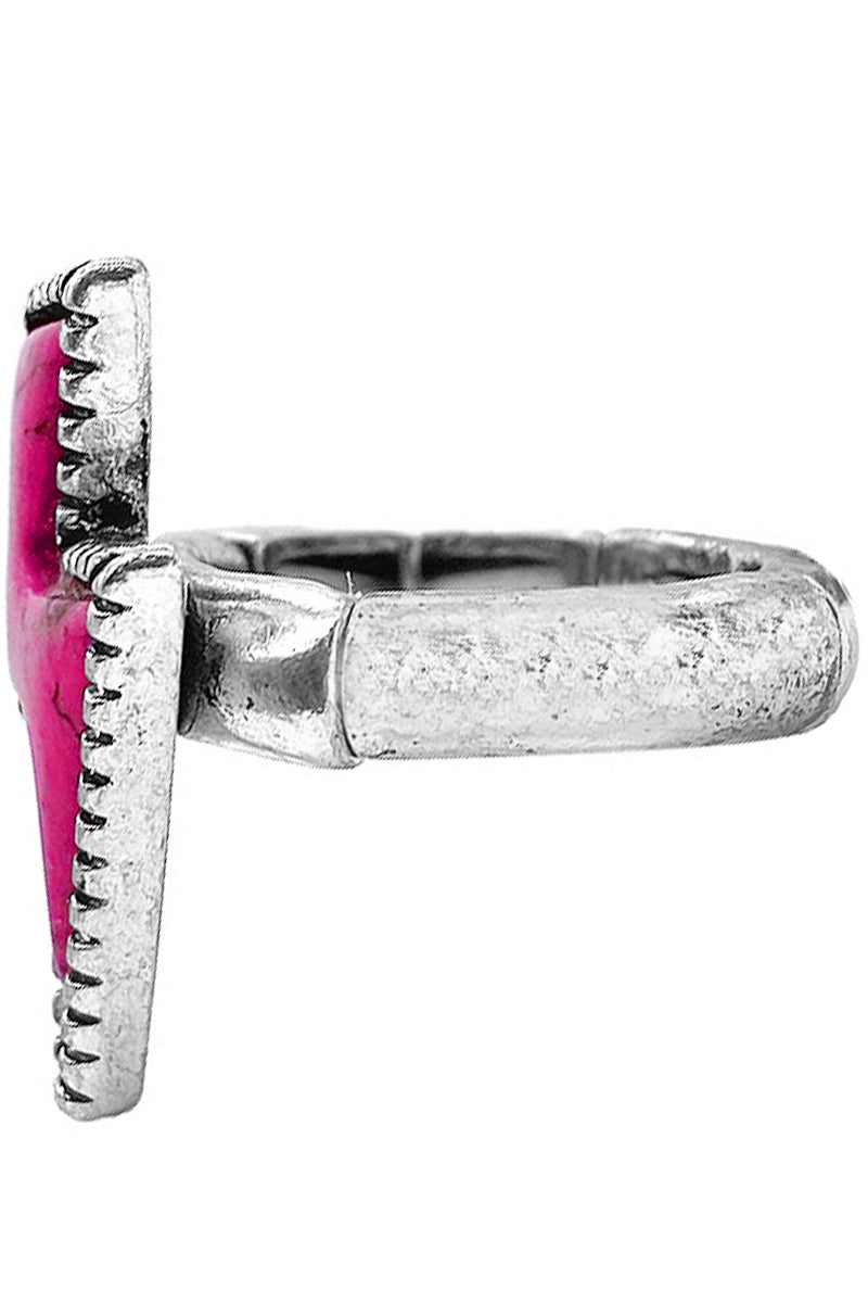 WESTERN CONCHO STYLE TEXTURED GEMSTONE LIGHTENING BOLT SHAPE CASTING STRETCH RING