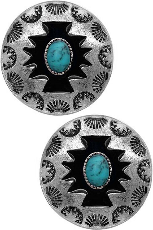 WESTERN CONCHO STYLE GEMSTONE AZTEC CROSS PATTERN ROUND STUD EARRING