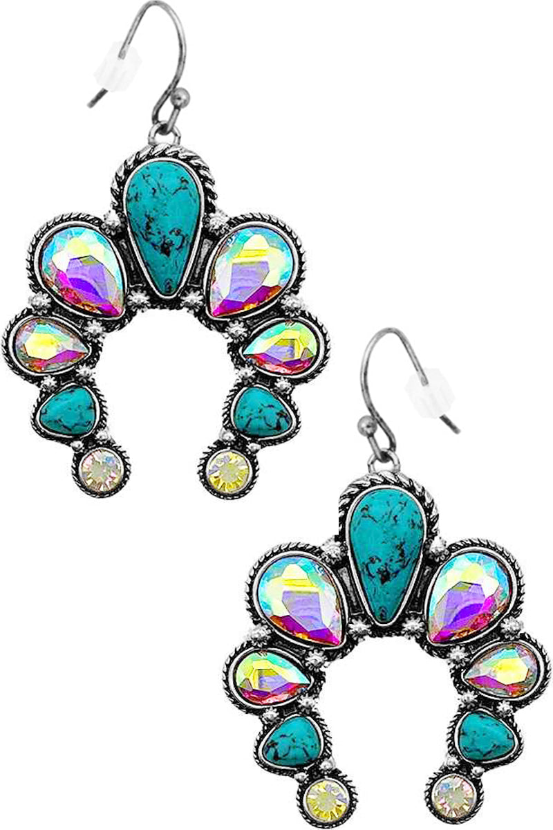 WESTERN CONCHO CABLE TEXTURED GLASS STONE GEMSTONE SQUASH BLOSSOM EARRING