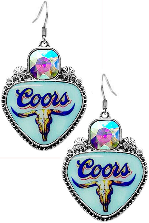 WESTERN CONCHO RHINESTONE EPOXY LONGHORN DRINK LOGO EARRING