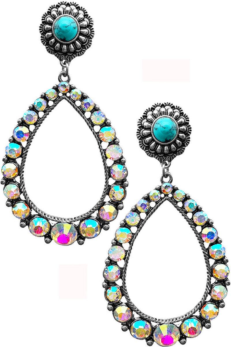 WESTERN STYLE CABLE TEXTURED RHINESTONE PAVE TEARDROP SHAPE FRAME TURQUOISE GEMSTONE CONCHO FLOWER CASTING POST DANGLING EARRING