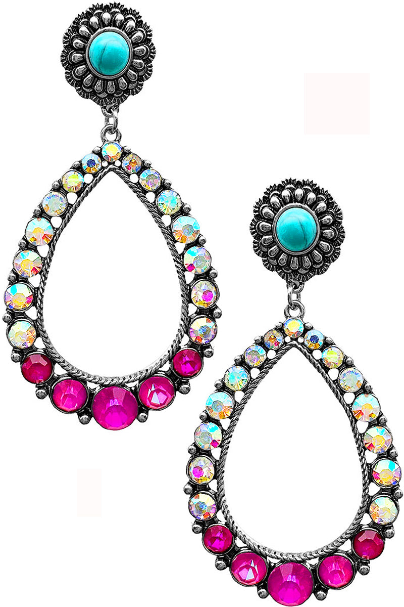WESTERN STYLE CABLE TEXTURED RHINESTONE PAVE TEARDROP SHAPE FRAME TURQUOISE GEMSTONE CONCHO FLOWER CASTING POST DANGLING EARRING