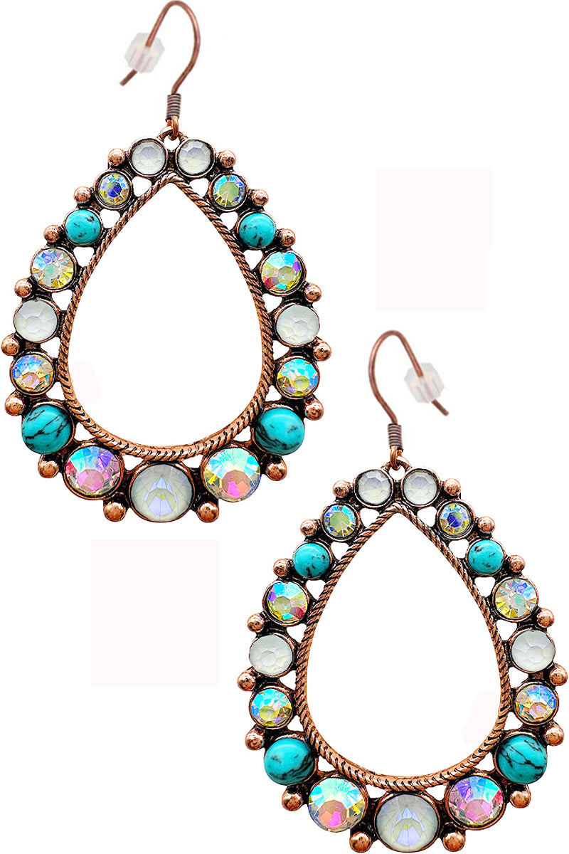 WESTERN STYLE CABLE TEXTURED RHINESTONE TURQUOISE GEMSTONE MIX TEARDROP SHAPE FRAME FISH HOOK DANGLING EARRING