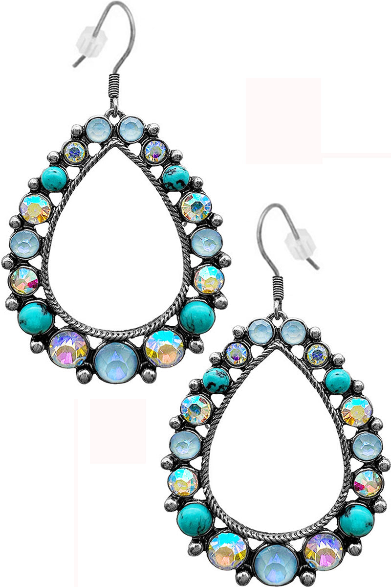 WESTERN STYLE CABLE TEXTURED RHINESTONE TURQUOISE GEMSTONE MIX TEARDROP SHAPE FRAME FISH HOOK DANGLING EARRING