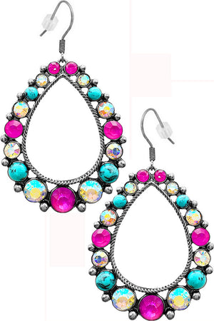 WESTERN STYLE CABLE TEXTURED RHINESTONE TURQUOISE GEMSTONE MIX TEARDROP SHAPE FRAME FISH HOOK DANGLING EARRING