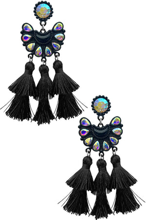 WESTERN RHINESTONE CONCHO FLOWER THREAD TASSEL EARRING