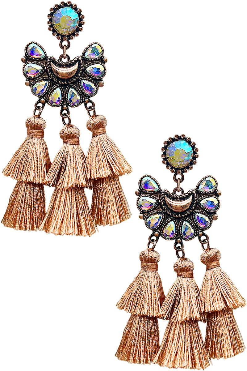 WESTERN RHINESTONE CONCHO FLOWER THREAD TASSEL EARRING