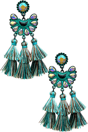 WESTERN RHINESTONE CONCHO FLOWER THREAD TASSEL EARRING