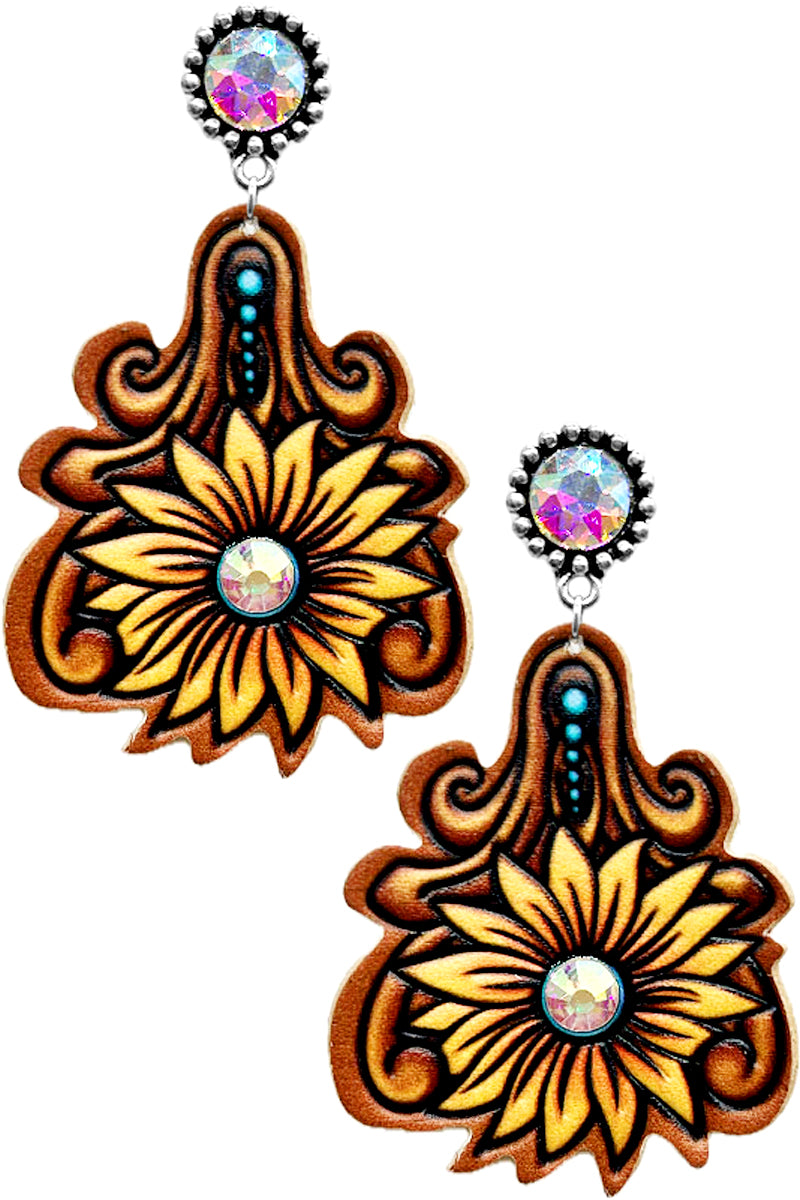 SUNFLOWER CATTLE TAG LEATHER RHINESTONE EARRING