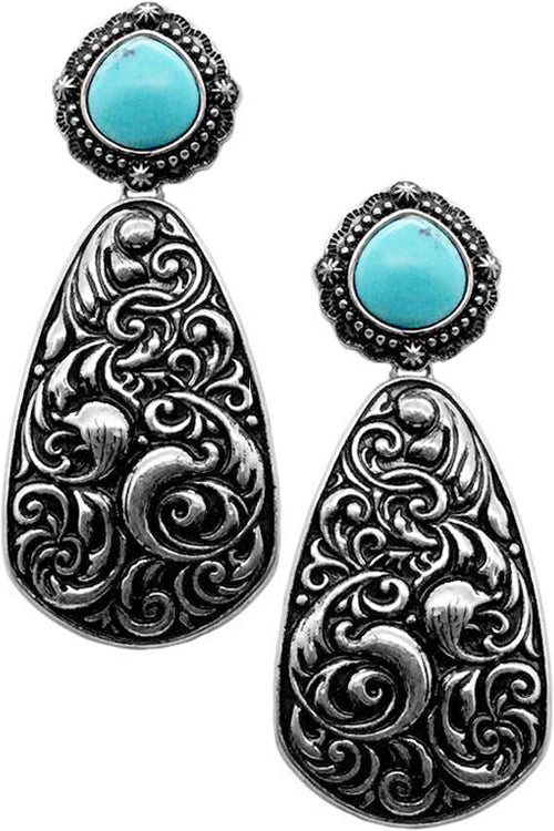 WESTERN STYLE PAISLEY TEXTURED TURQUOISE TEARDROP SHAPE CASTING POST DANGLING EARRING