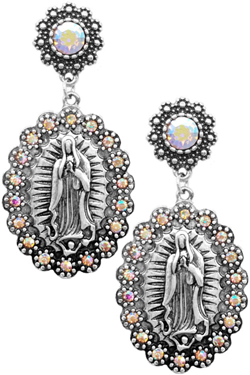 RHINESTONE FLOWER SHAPE MOTHER OF GUADALUPE CASTING POST DANGLING EARRING