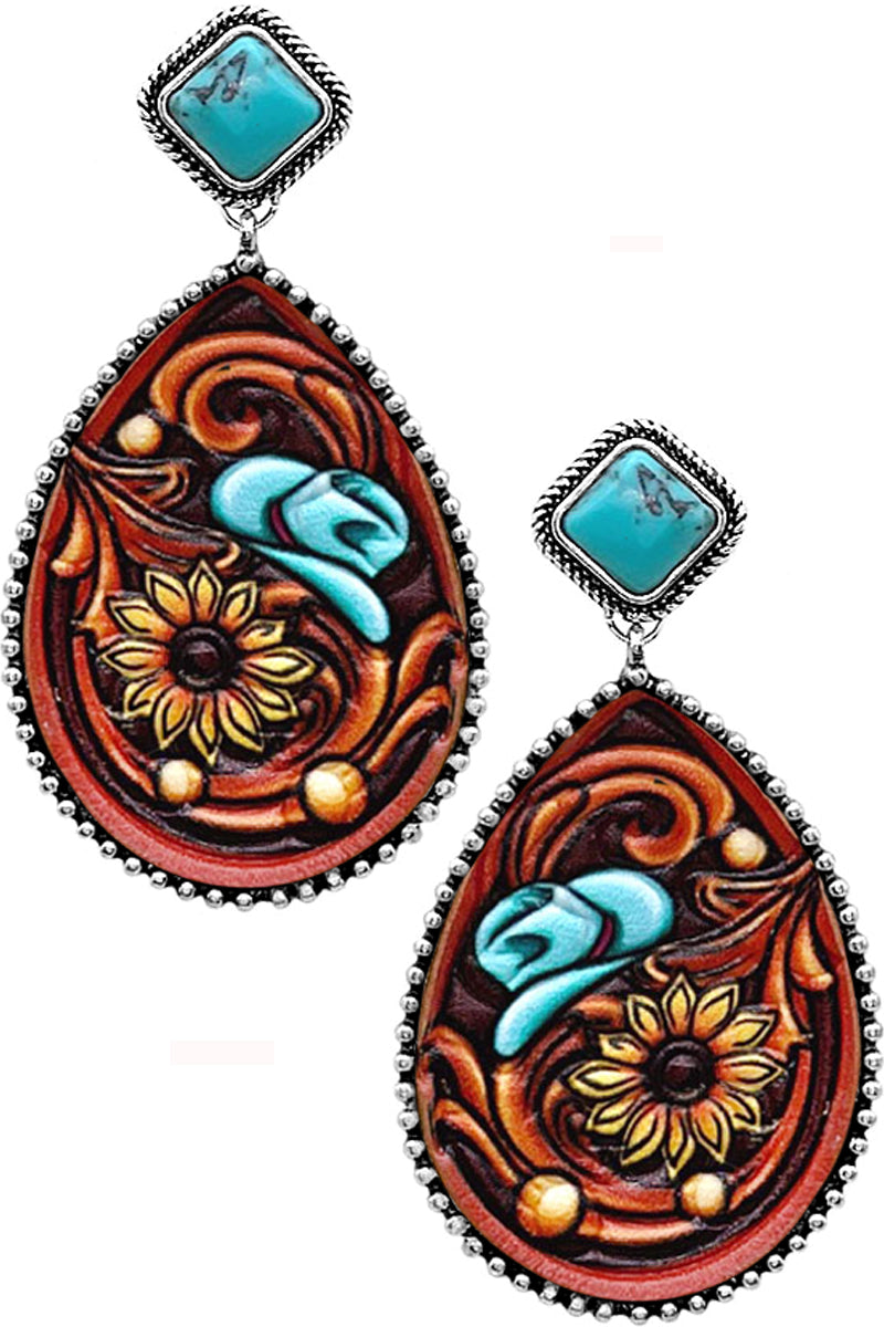 WESTERN STYLE CABLE TEXTURED GEMSTONE PAISLEY SUNFLOWER COWBOY HAT PRINTED LEATHER POST DANGLING EARRING