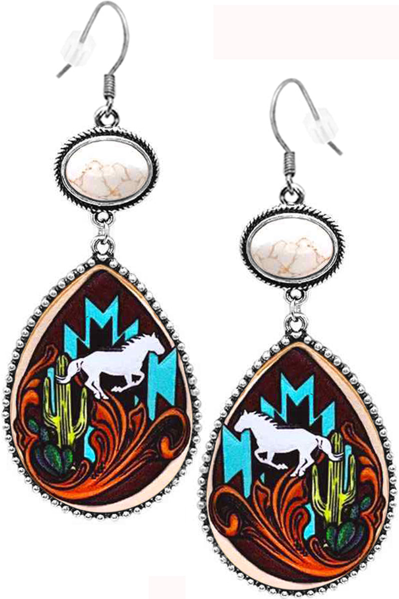 WESTERN STYLE CABLE TEXTURED GEMSTONE AZTEC HORSE CACTUS PAISLEY PRINTED LEATHER FISH HOOK DANGLING EARRING