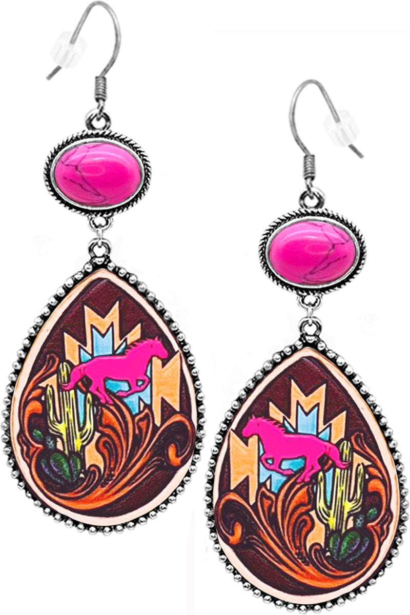 WESTERN STYLE CABLE TEXTURED GEMSTONE AZTEC HORSE CACTUS PAISLEY PRINTED LEATHER FISH HOOK DANGLING EARRING