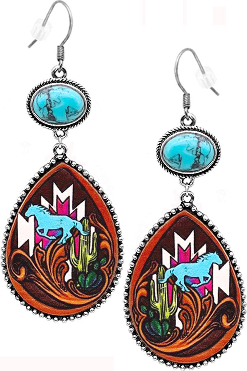 WESTERN STYLE CABLE TEXTURED GEMSTONE AZTEC HORSE CACTUS PAISLEY PRINTED LEATHER FISH HOOK DANGLING EARRING