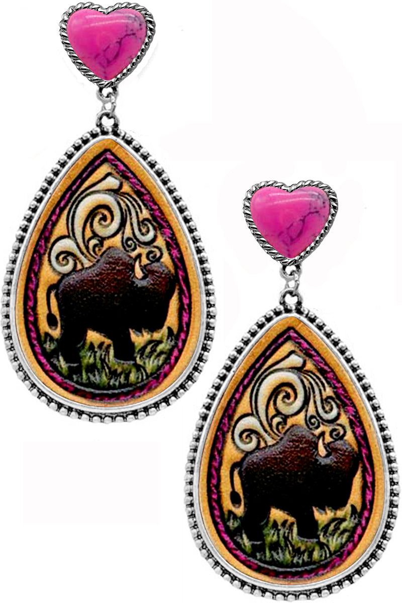 WESTERN STYLE DOT TEXTURED PAISLEY BUFFALO PRINTED FAUX LEATHER HEART GEMSTONE POST DANGLING EARRING