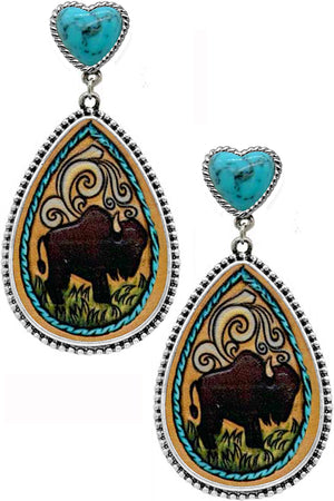 WESTERN STYLE DOT TEXTURED PAISLEY BUFFALO PRINTED FAUX LEATHER HEART GEMSTONE POST DANGLING EARRING