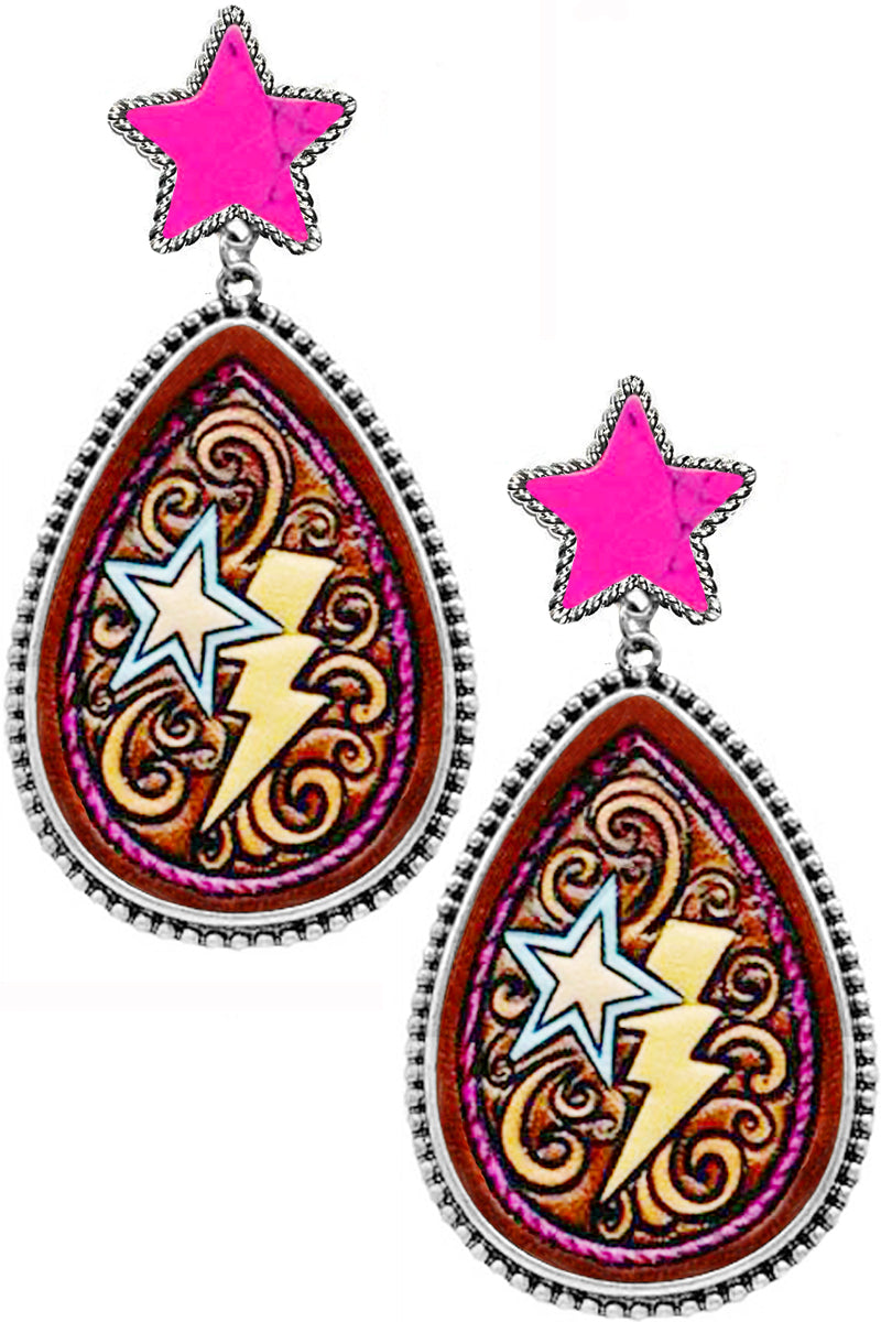 WESTERN STYLE DOT TEXTURED PAISLEY THUNDERBOLT PRINTED FAUX LEATHER STAR GEMSTONE POST DANGLING EARRING