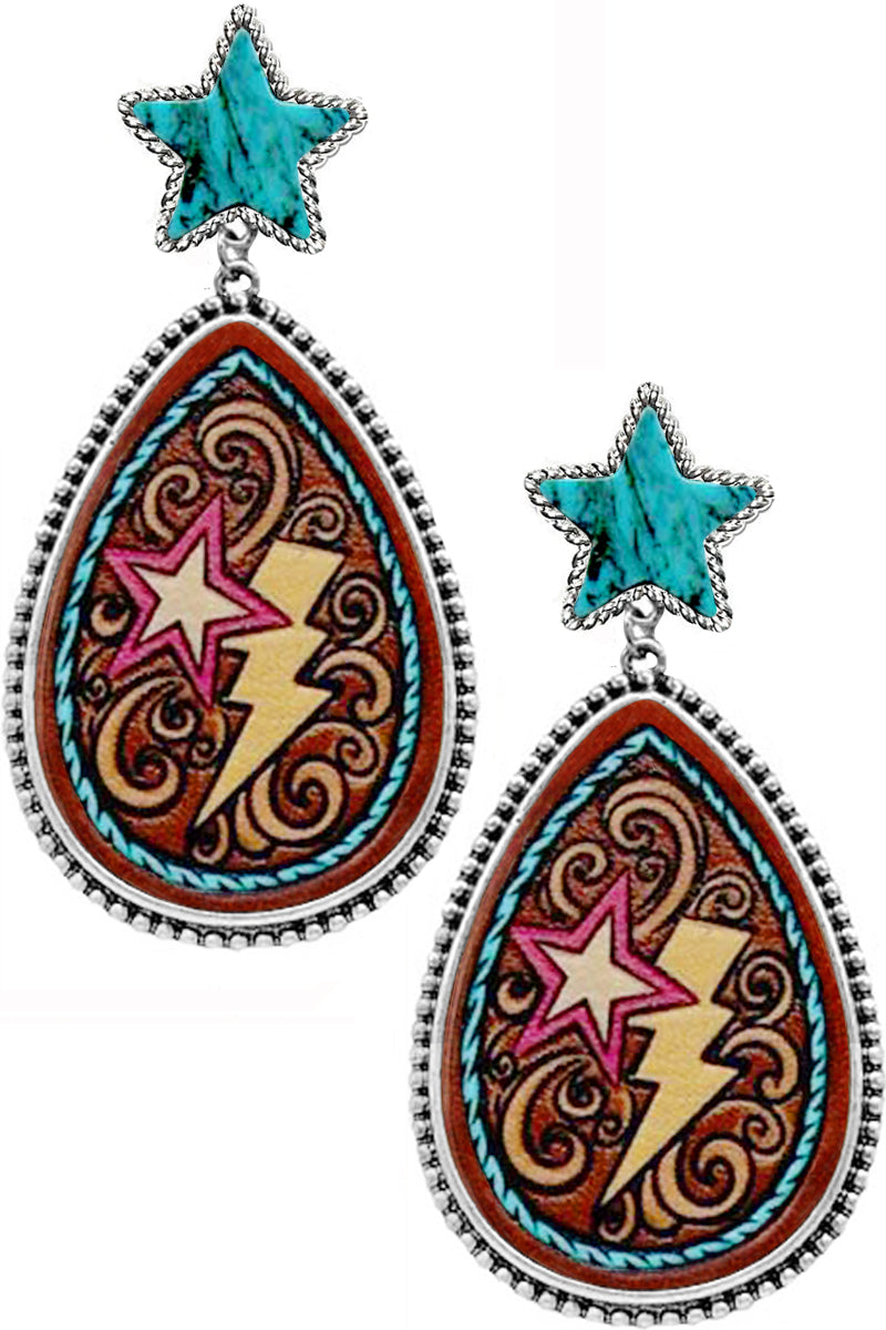 WESTERN STYLE DOT TEXTURED PAISLEY THUNDERBOLT PRINTED FAUX LEATHER STAR GEMSTONE POST DANGLING EARRING