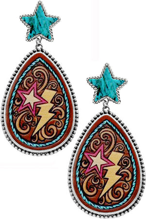 WESTERN STYLE DOT TEXTURED PAISLEY THUNDERBOLT PRINTED FAUX LEATHER STAR GEMSTONE POST DANGLING EARRING