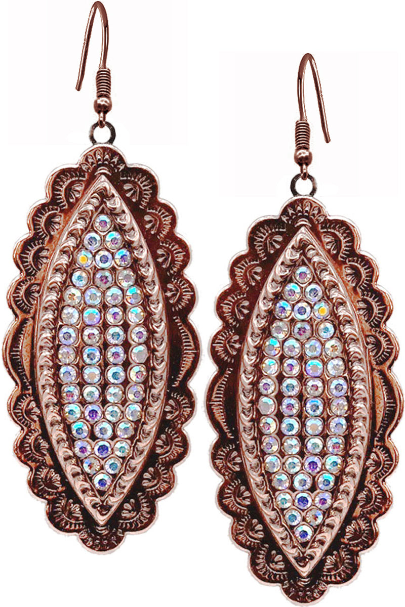 WESTERN STYLE AZTEC TEXTURED RHINESTONE PAVE MARQUISE SHAPE CASTING FISH HOOK DANGLING EARRING