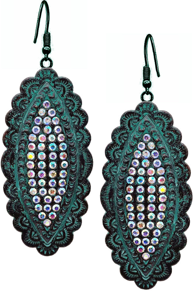 WESTERN STYLE AZTEC TEXTURED RHINESTONE PAVE MARQUISE SHAPE CASTING FISH HOOK DANGLING EARRING