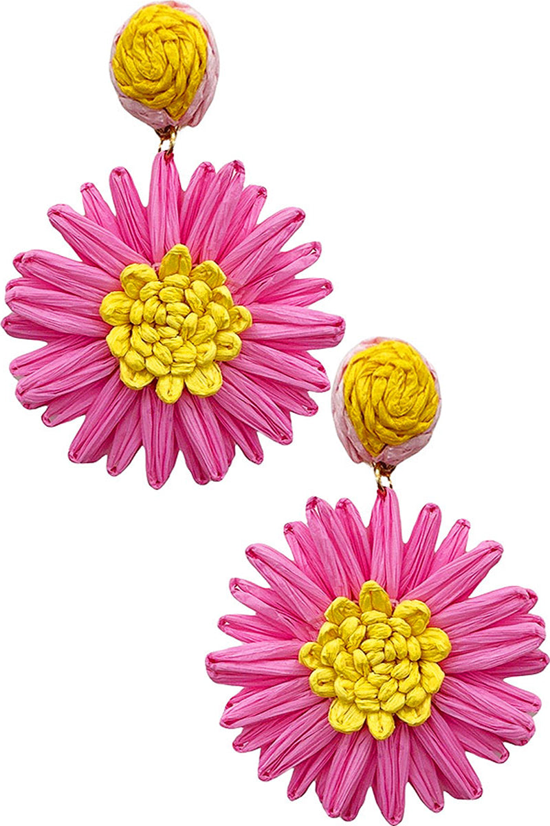 POMPOM BALL RAFFIA FLOWER POST DANGLING EARRING