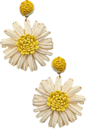 POMPOM BALL RAFFIA FLOWER POST DANGLING EARRING