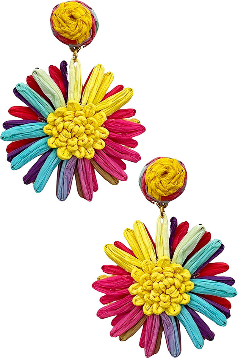 POMPOM BALL RAFFIA FLOWER POST DANGLING EARRING