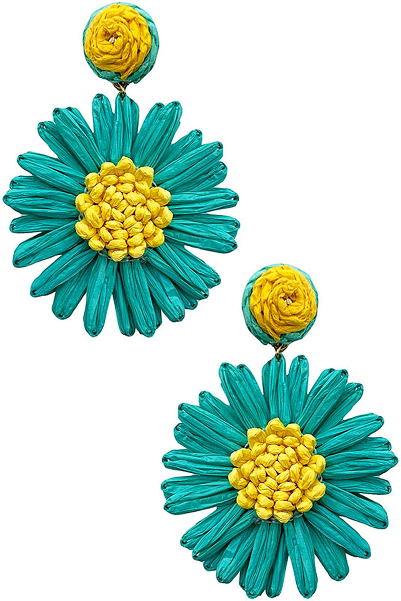 POMPOM BALL RAFFIA FLOWER POST DANGLING EARRING