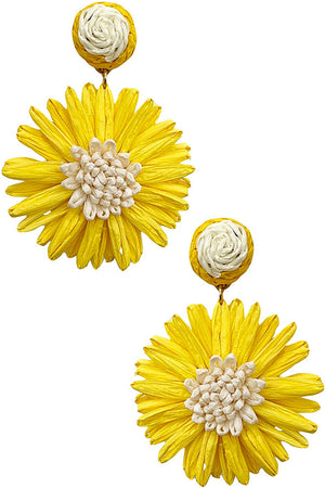 POMPOM BALL RAFFIA FLOWER POST DANGLING EARRING