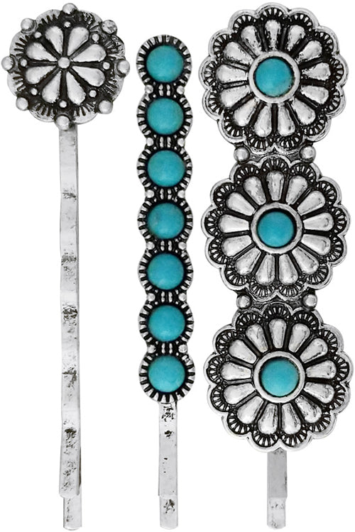 WESTERN CONCHO STYLE AZTEC TEXTURED GEMSTONE FLOWER BAR CASTING HAIR BOBBY PIN SET