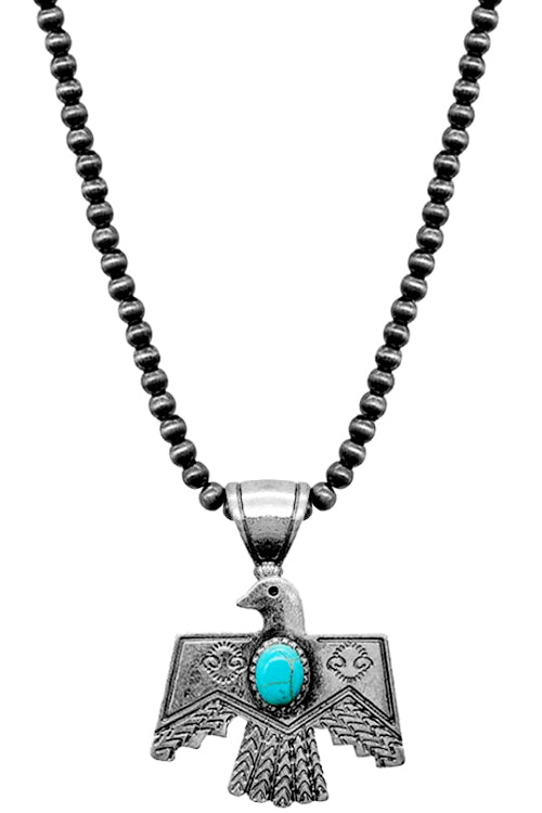 WESTERN CONCHO STYLE AZTEC TEXTURED TURQUOISE THUNDERBIRD CASTING PENDANT NAVAJO PEARL LOBSTER CLUSTER SHORT NECKLACE