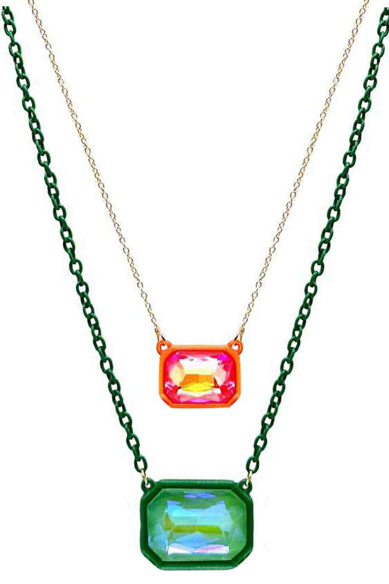 OCTAGON GLASS STONE PENDANT CHAIN NECKLACE