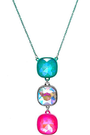 SQUARE GLASS STONE DROP PENDANT CHAIN NECKLACE