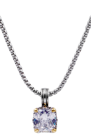SQUARE SHAPE CUBIC ZIRCONIA TWO TONE PRONG CASTING PENDANT LOBSTER CLUSTER SHORT BOX CHAIN NECKLACE 