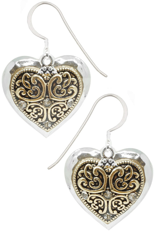 PAISLEY TEXTURED RHINESTONE HEART SHAPE CASTING FISH HOOK DANGLING EARRING