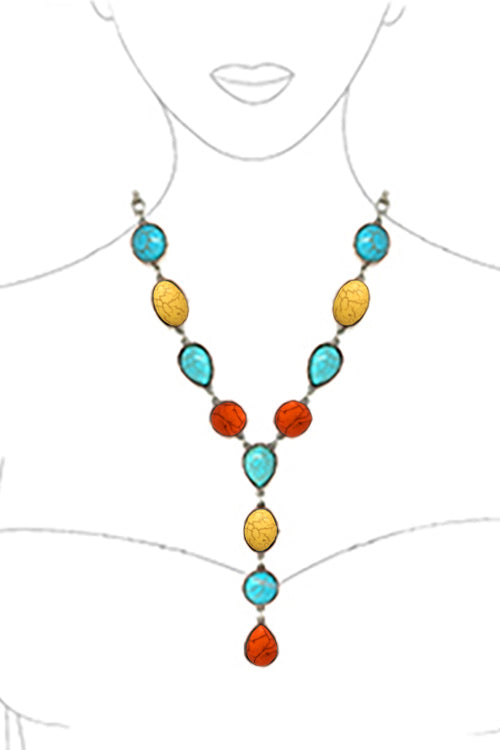 WESTERN CONCHO STYLE TEXTURED SEMI PRECIOUS STONE MULTI SHAPE CASTING LOBSTER CLUSTER LONG Y NECKLACE